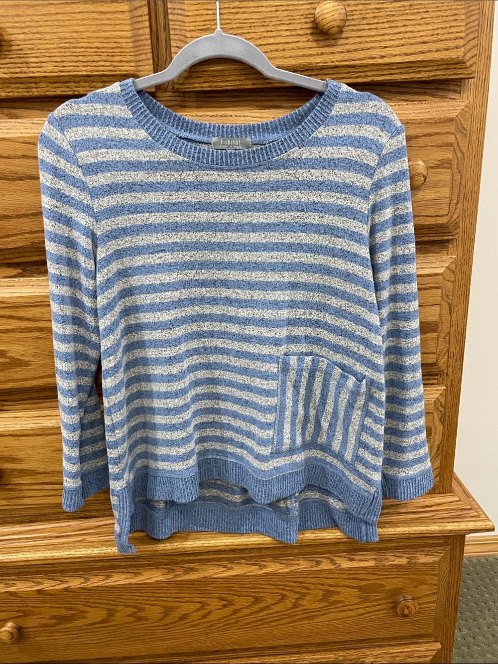 Heather Blue & Light Gray Striped Women's Sweater with Pocket